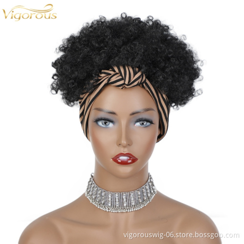 drawstring short Wigs Black Women Grip With Scarf Synthetic Wrap Attached Curly Kinky Hair Band Chignon elastic Headband Wig